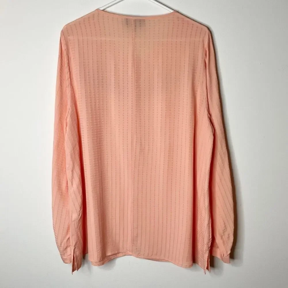 Lane Bryant Women's Blouse 14 Coral Pink Crochet Long Sleeve Crew Neck Button Up - Picture 3 of 9